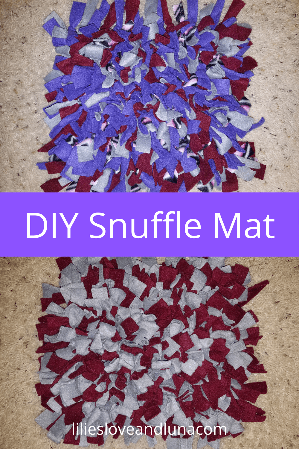 Pin image of two snuffle mats with the words "DIY Snuffle Mat" between them.