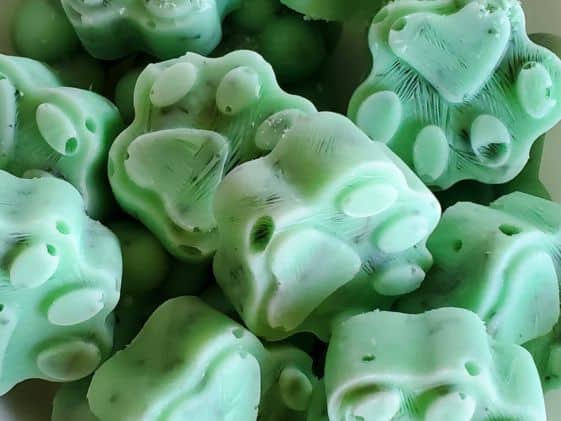 Paw shaped frozen mint dog treats.