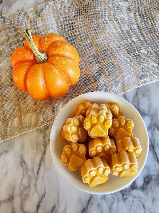 Paw shaped pumpkin ice cream for dogs in a white bowl next to a small pumpkin.