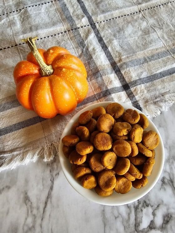 Baked dog treats in a white bowl next to a small pumpkin.