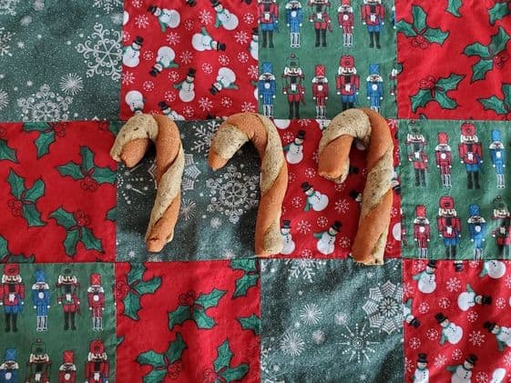 Candy cane dog treats on Christmas background.