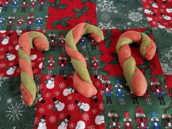 Candy cane dog treats on a Christmas background.