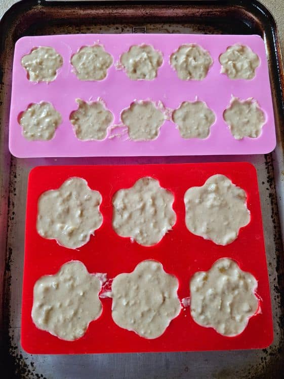 Paw shaped molds filled with yogurt mixture.