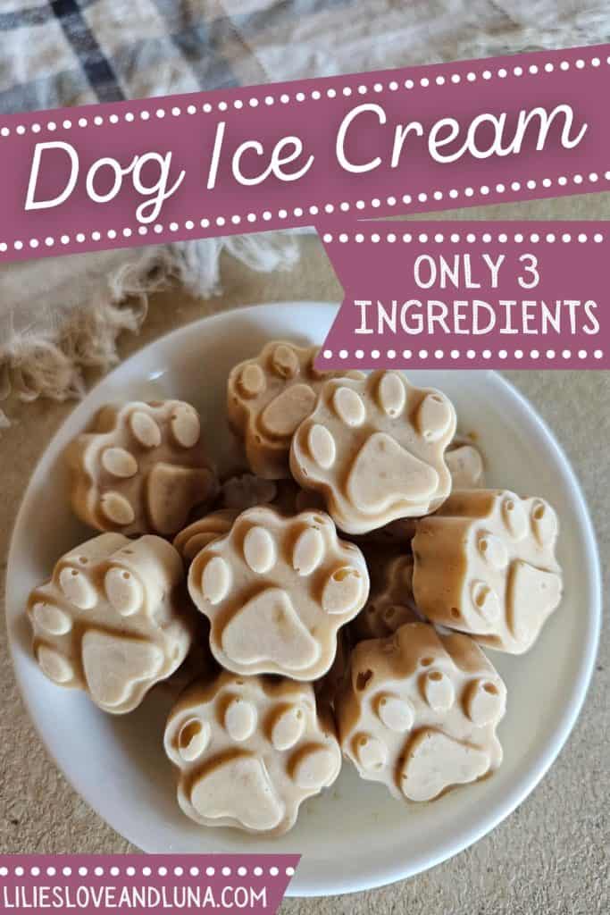 A bowl of frozen dog ice cream shaped like paw prints, made with only three ingredients, sits on a flat surface.