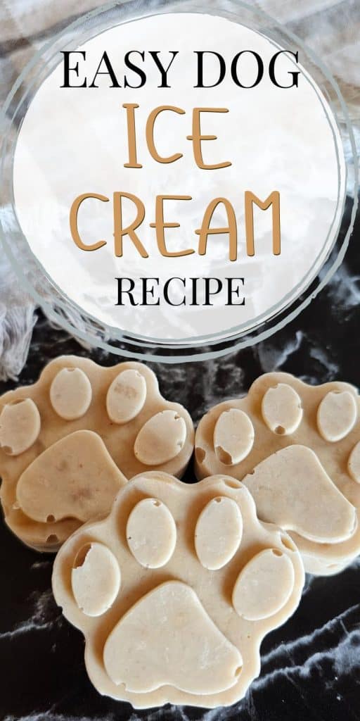 A white bowl filled with paw-shaped frozen treats made from three ingredients, labeled as "Easy DIY Dog Ice Cream."
