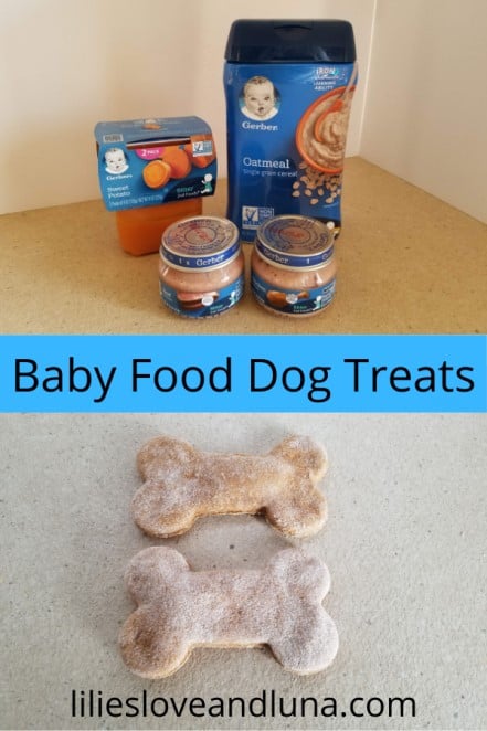 Pin image of baby food dog treats with  baby food and bone shaped dog treats.