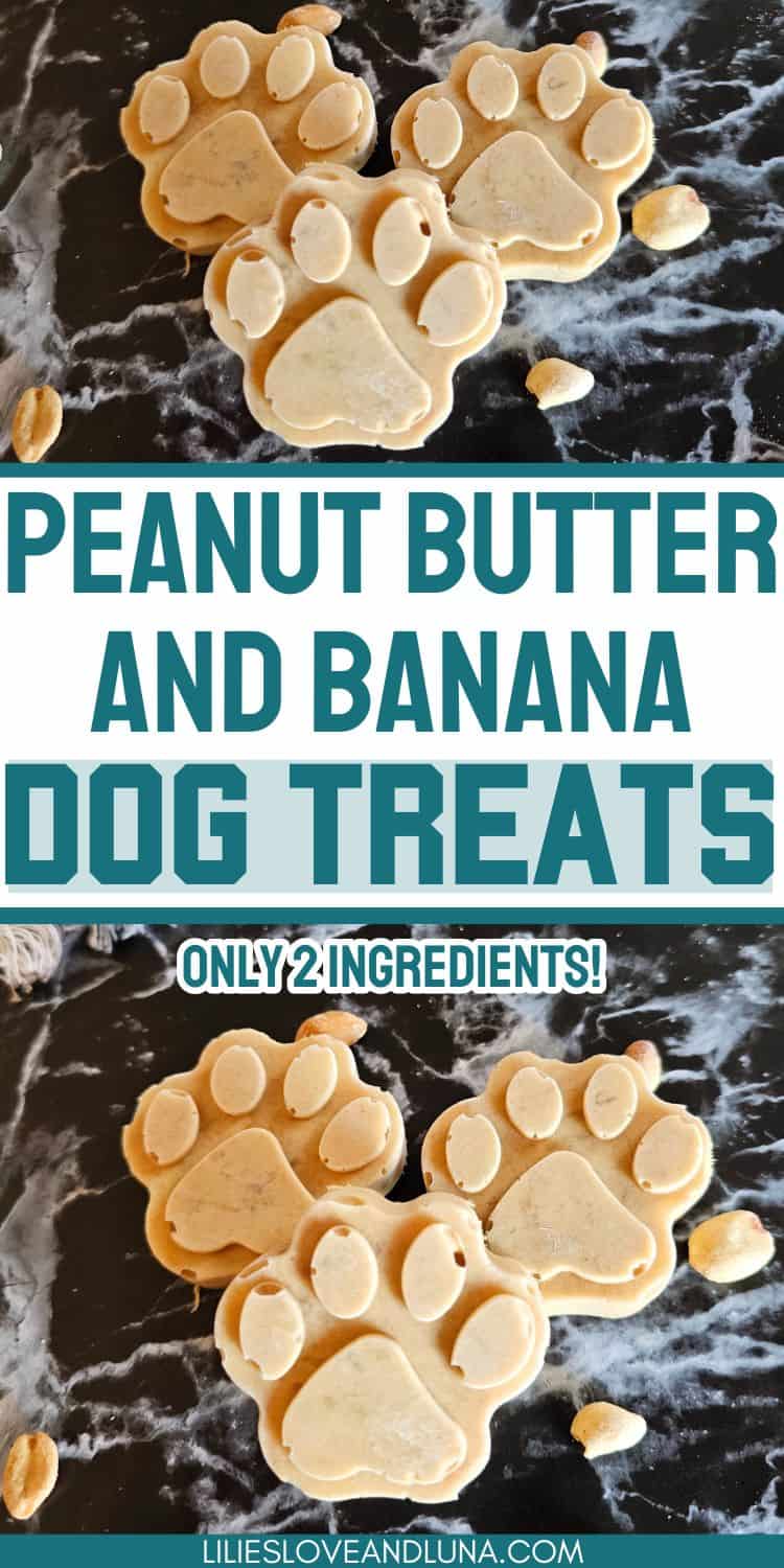 Homemade peanut butter and banana dog treats shaped like paw prints are displayed on a dark surface, alongside a few whole peanuts.