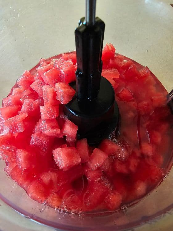 Watermelon and water in a food processor.