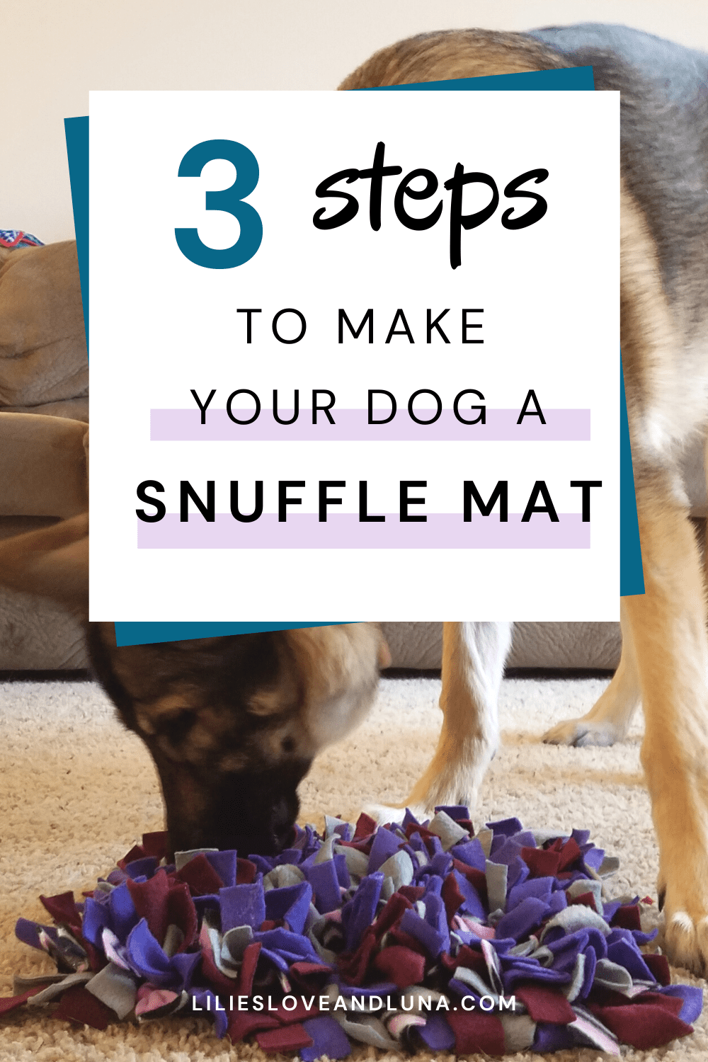 Pin image with the words "3 steps to make your dog a snuffle mat" on top of a German shepherd sniffing a snuffle mat.