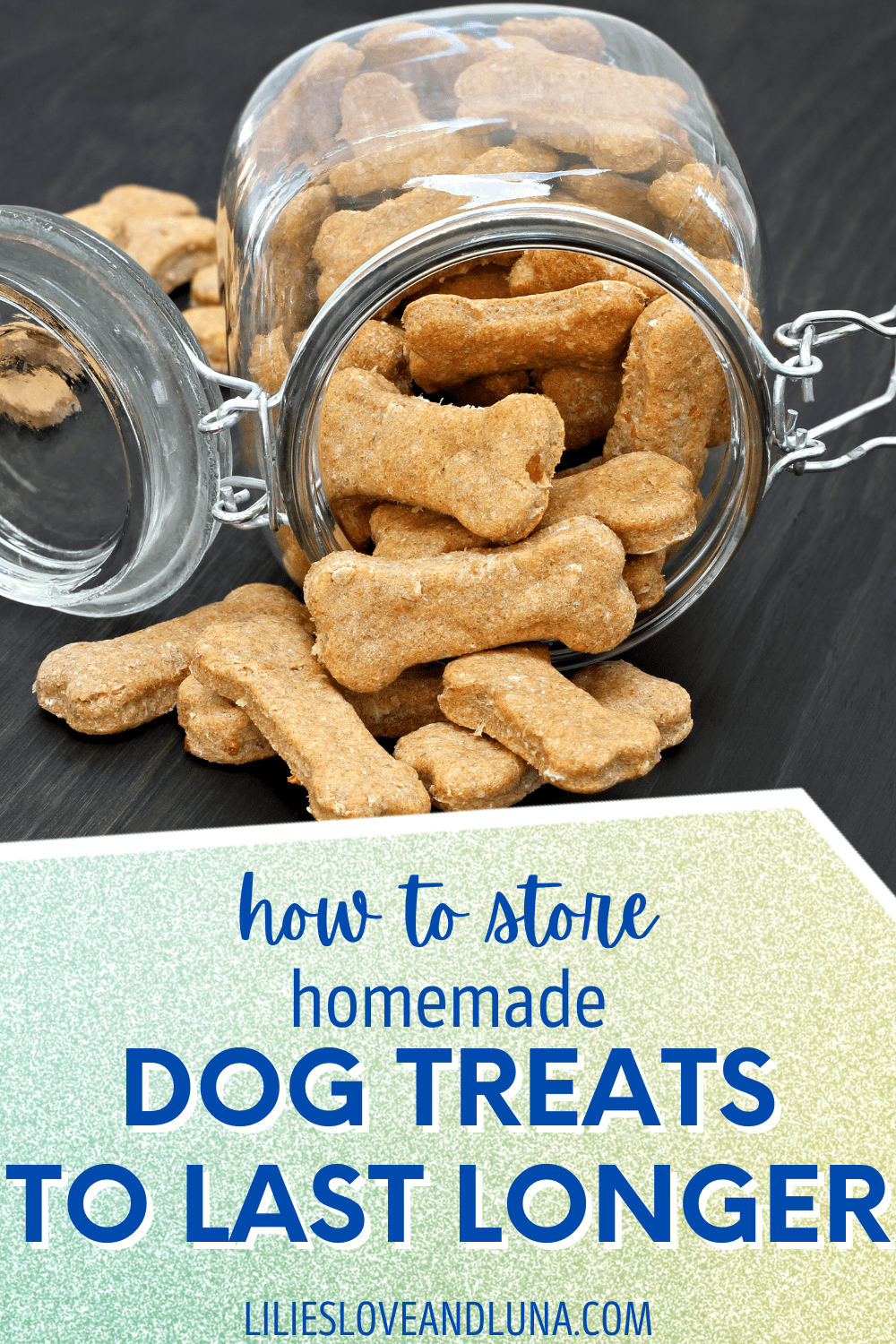 Pin image of how to store homemade dog treats with bone shaped treats falling out of a jar on its side.