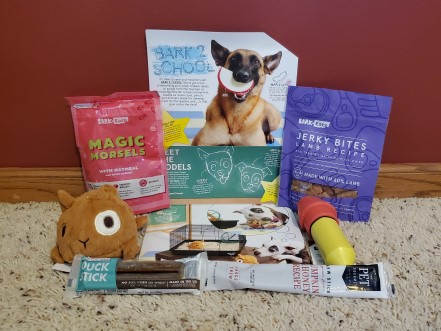 School themed treats and toys from a Super Chewer box.