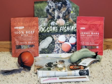 Fishing themed dog treats and toys.