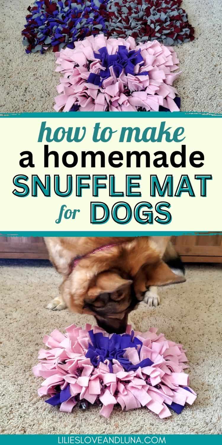 Pin image for how to make a homemade snuffle mat for dogs with an image of 3 snuffle mats above an image of a dog sniffing a snuffle mat.