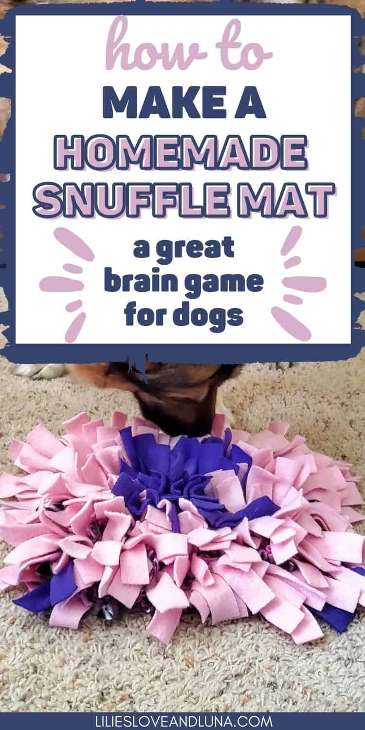 Pin image for how to make a homemade snuffle mat: a great brain game for dogs with an image of a dog's face sniffing a snuffle mat.
