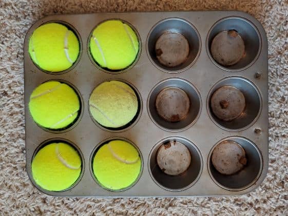 A muffin tin with half the cups covered with tennis balls and the other half with a dog treat in each cup.