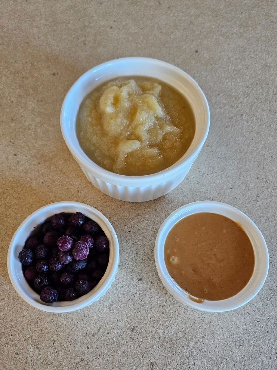 Applesauce, blueberries, and peanut butter in white bowls on the counter.