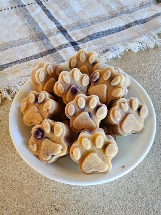 Paw shape frozen applesauce dog treats with blueberries in a white bowl in front of a towel.