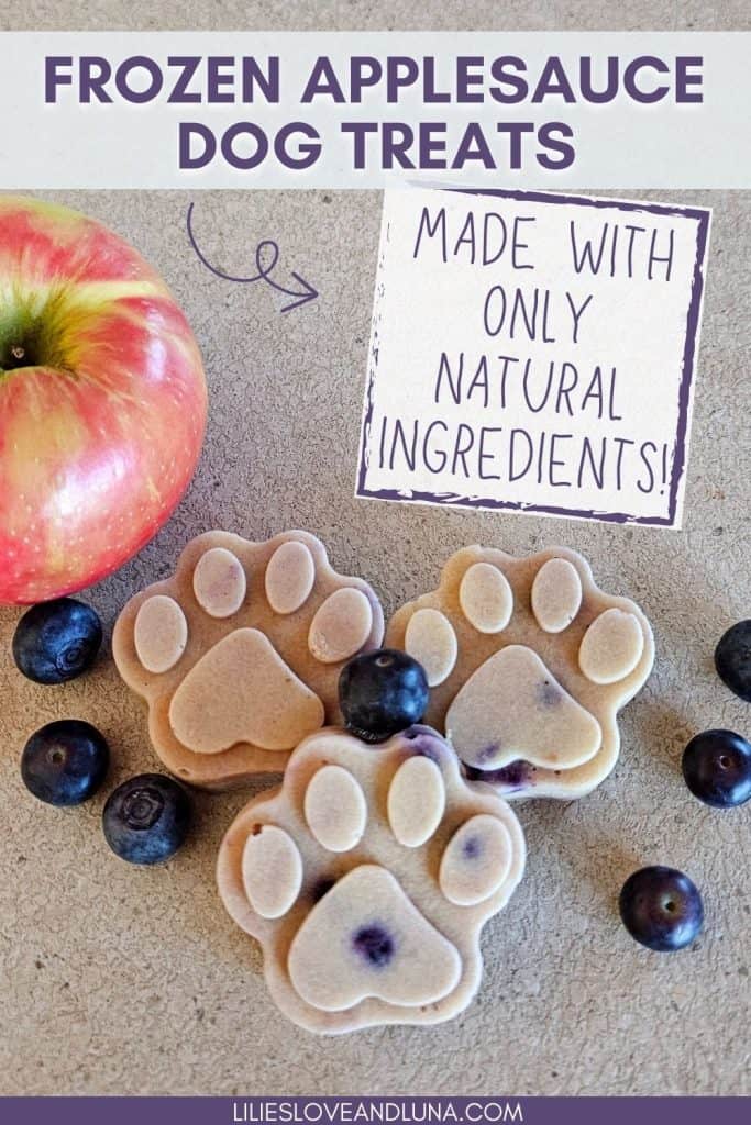 A close-up of frozen applesauce dog treats shaped like paw prints, surrounded by fresh blueberries and an apple, with a sign stating they are made with only natural ingredients.