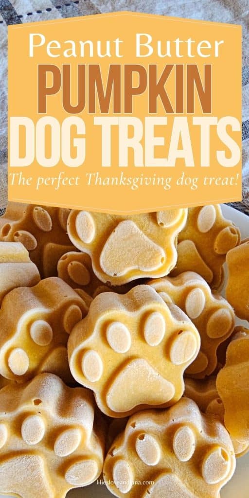 A close-up image of paw-shaped peanut butter pumpkin dog treats arranged together, with a banner stating "Peanut Butter PUMPKIN DOG TREATS" prominently displayed above.