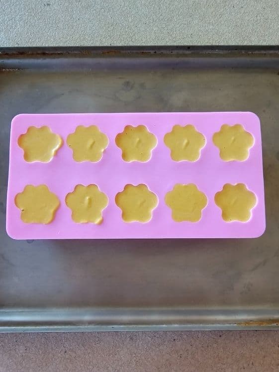 Paw shaped silicone molds filled with pumpkin ice cream mixture ready for the freezer.