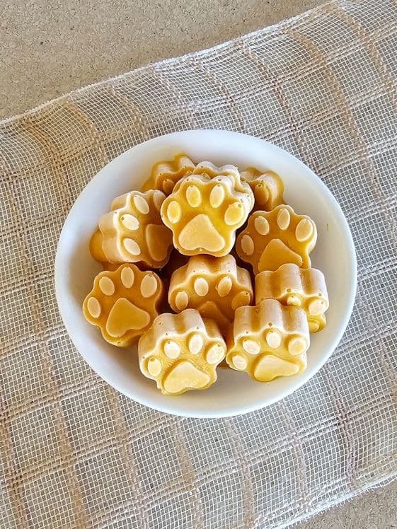 Paw shaped pumpkin ice cream for dogs in a white bowl.