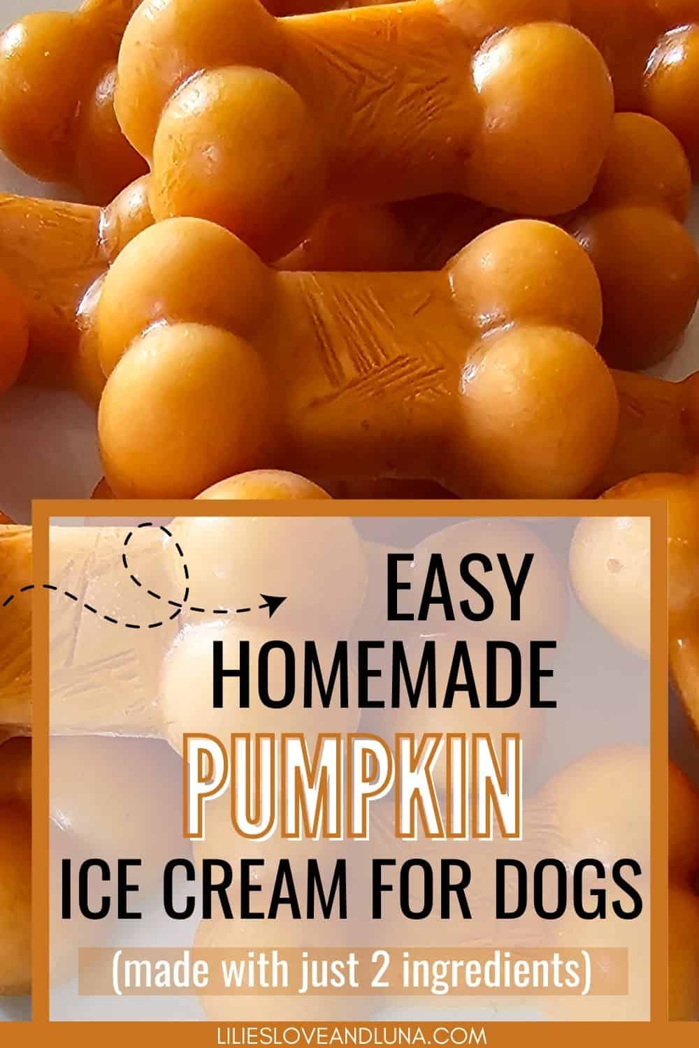 Pin image of bone shaped frozen dog treats with a text overlay that reads easy homemade pumpkin ice cream for dogs made with just 2 ingredients.