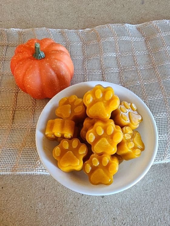 A small orange pumpkin behind a bowl of paw shaped frozen pumpkin applesauce dog treats.