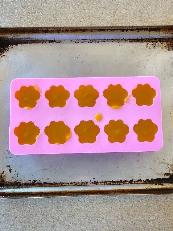Paw shaped silicone mold filled with pumpkin applesauce treat mixture, ready for the freezer.