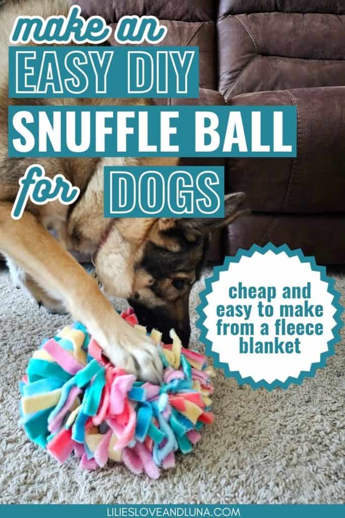 Pin image of a German Shepherd playing with a fringe snuffle ball with a text overlay that reads make an easy diy snuffle ball for dogs (cheap and easy to make from a fleece blanket).
