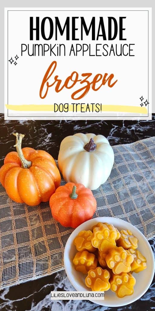 Image shows paw-shaped frozen dog treats made with apple and pumpkin, surrounded by pumpkins, emphasizing easy homemade dog treats for autumn and Halloween.
