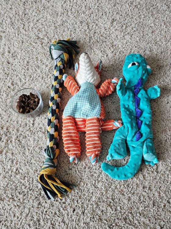 Dog treats and three different dog toys.