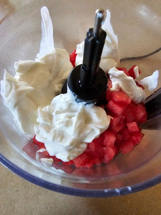 Watermelon and Greek yogurt in a food processor.