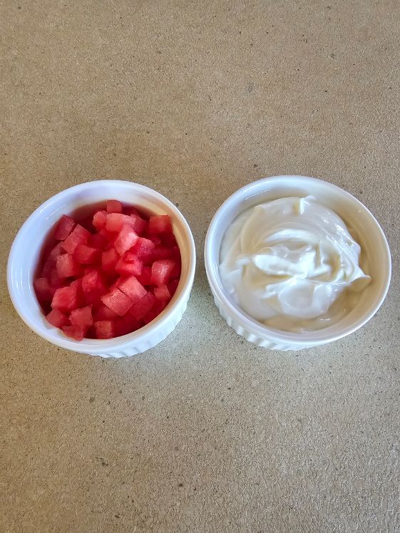 Watermelon and Greek yogurt in white bowls.