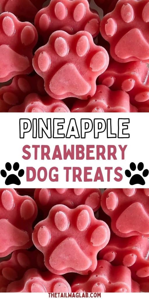 A close-up of homemade pineapple and strawberry dog treats shaped like paw prints, ideal for summer cooling.
