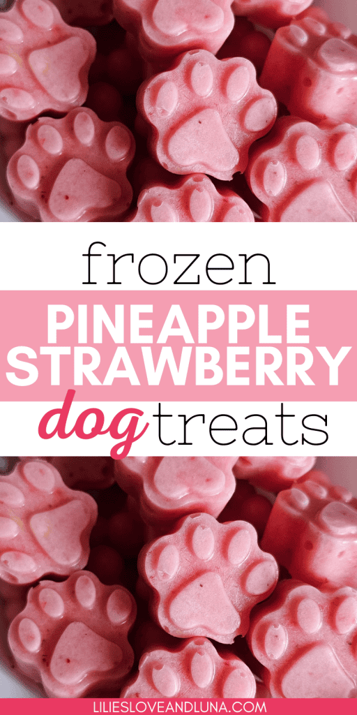 Paw shaped frozen strawberry pineapple dog treats with a text overlay that reads frozen pineapple strawberry dog treats.