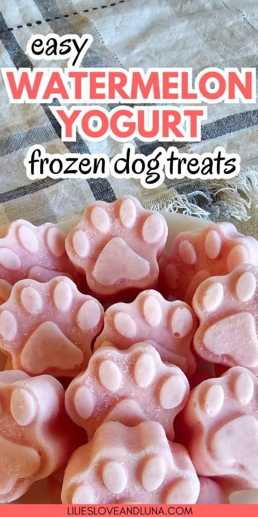 A plate of frozen dog treats shaped like paw prints, made with watermelon and yogurt, perfect for summer and easy to prepare as homemade dog treats.