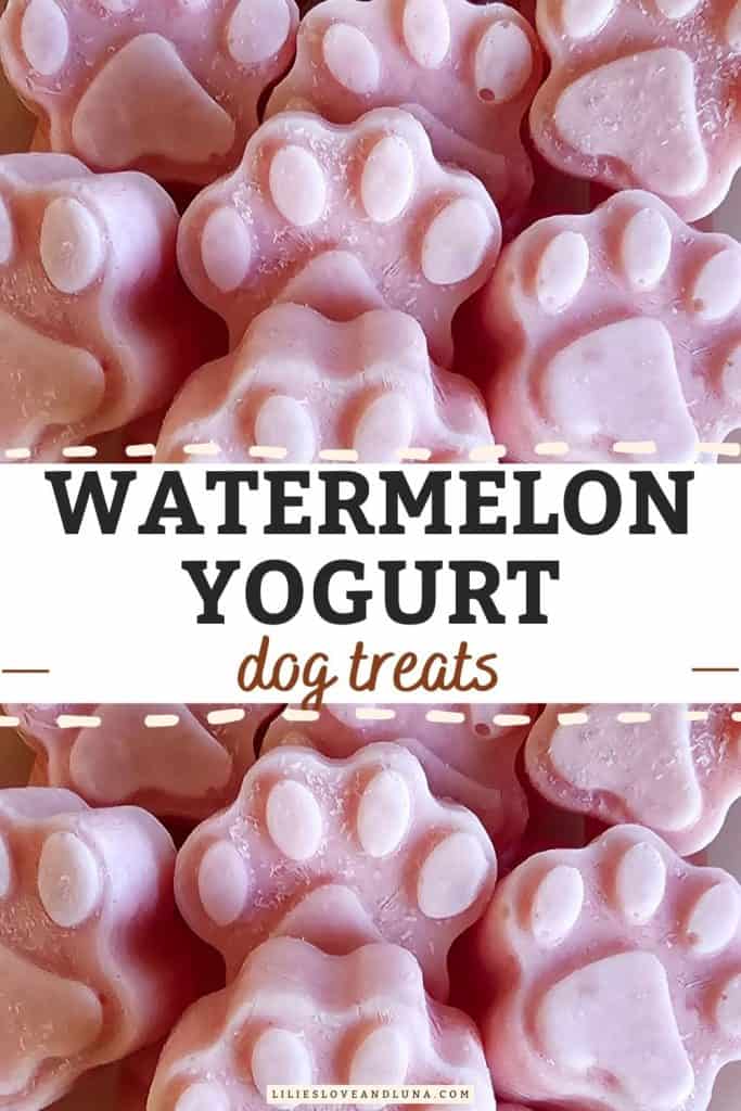 A close-up image of pink paw-shaped frozen dog treats labeled "Watermelon Yogurt Dog Treats," made with yogurt and watermelon, highlighting a playful DIY option for summer pet snacks.