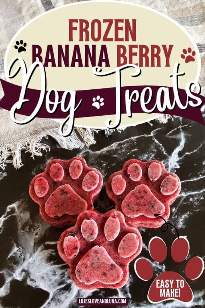 Three frozen banana berry dog treats shaped like paw prints are displayed on a dark surface, accompanied by text highlighting their ease of preparation.