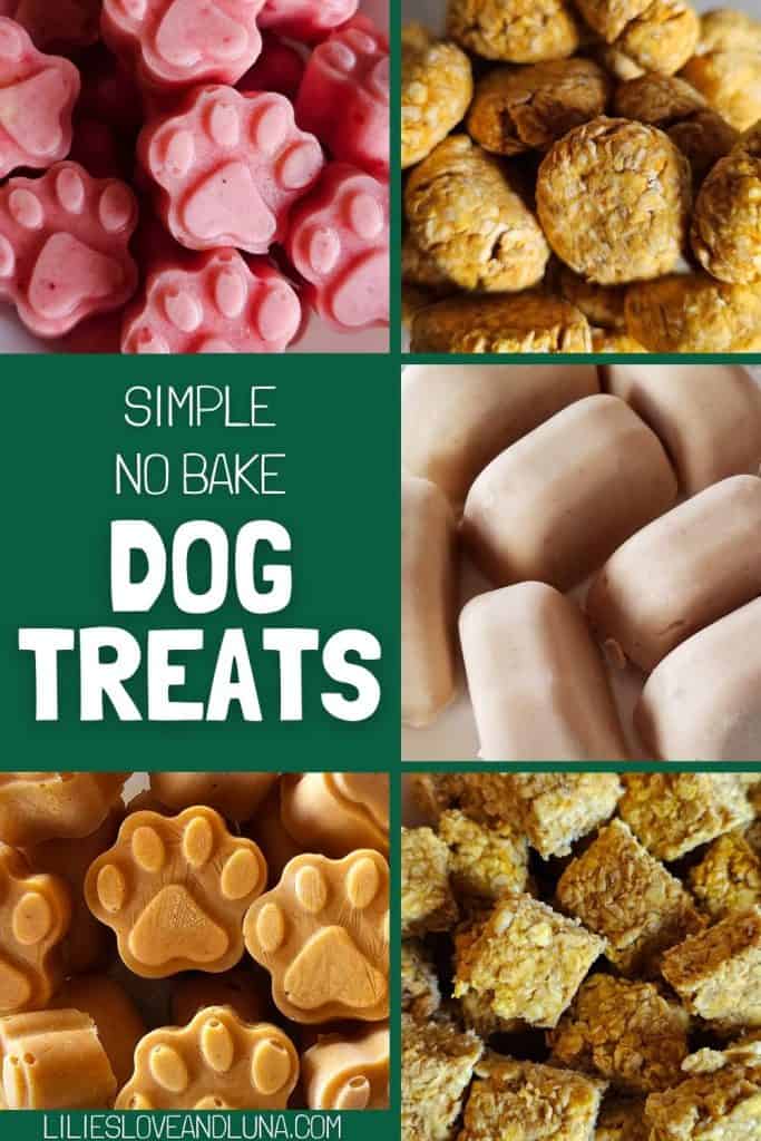 Pin image of dog treats with a text overlay that reads simple no bake dog treats.