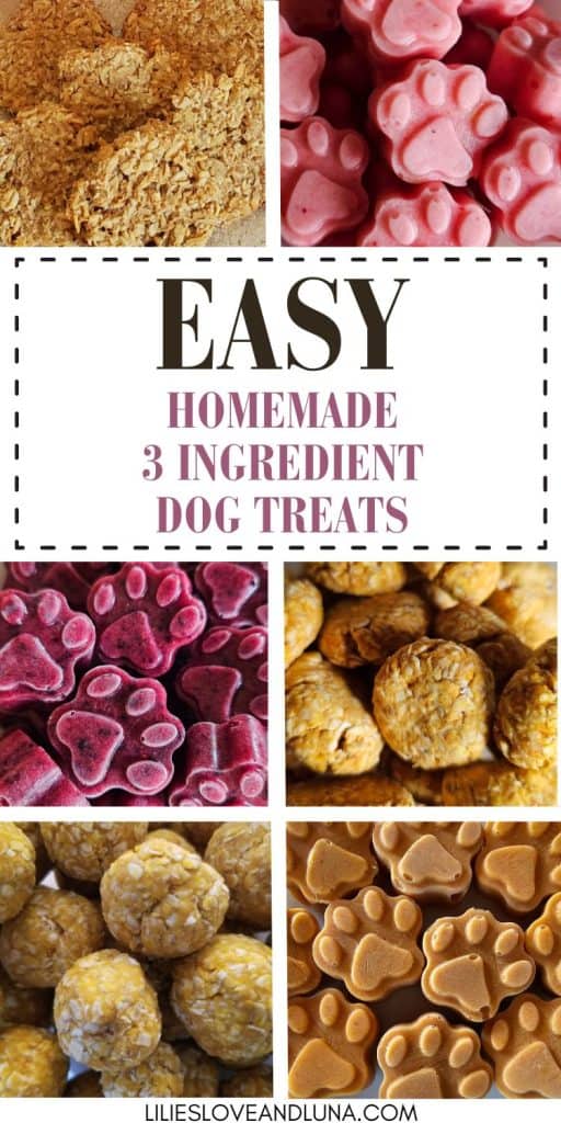 A collage of dog treats with a text overlay that reads easy homemade 3 ingredient dog treats.