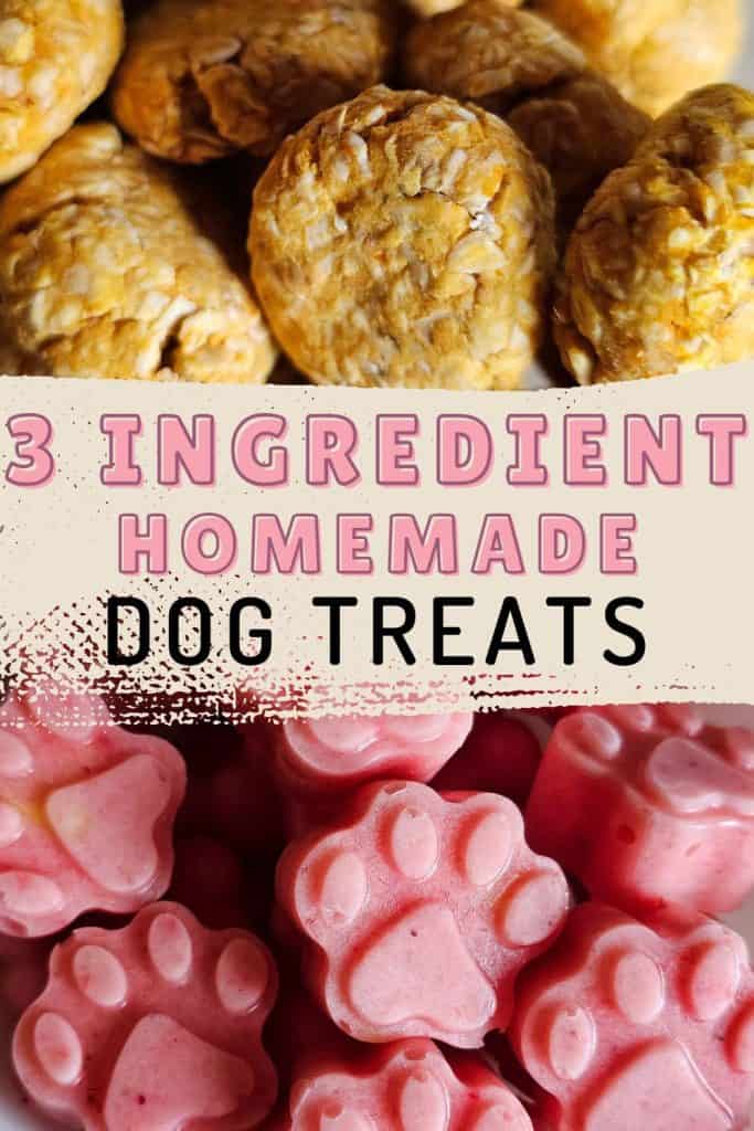 Pin image of a no bake dog treat and a frozen dog treat with a text overlay that reads 3 ingredient homemade dog treats.
