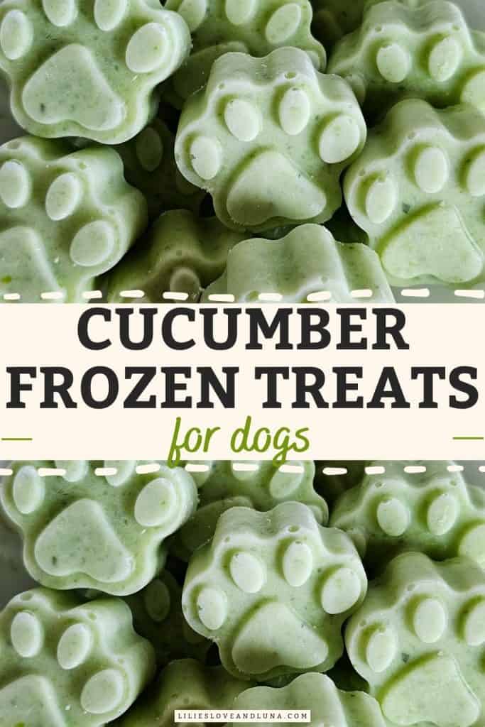Pin image of paw shaped dog treats with a text overlay that reads cucumber frozen treats for dogs.