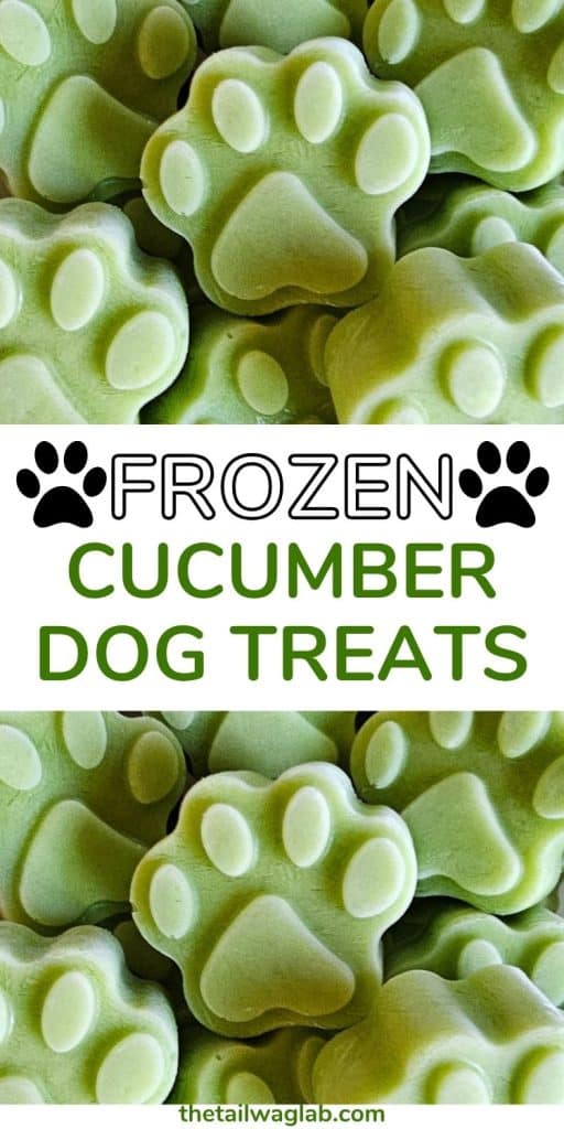 Green paw-shaped frozen cucumber yogurt dog treats with text reading “Frozen Cucumber Dog Treats.”
