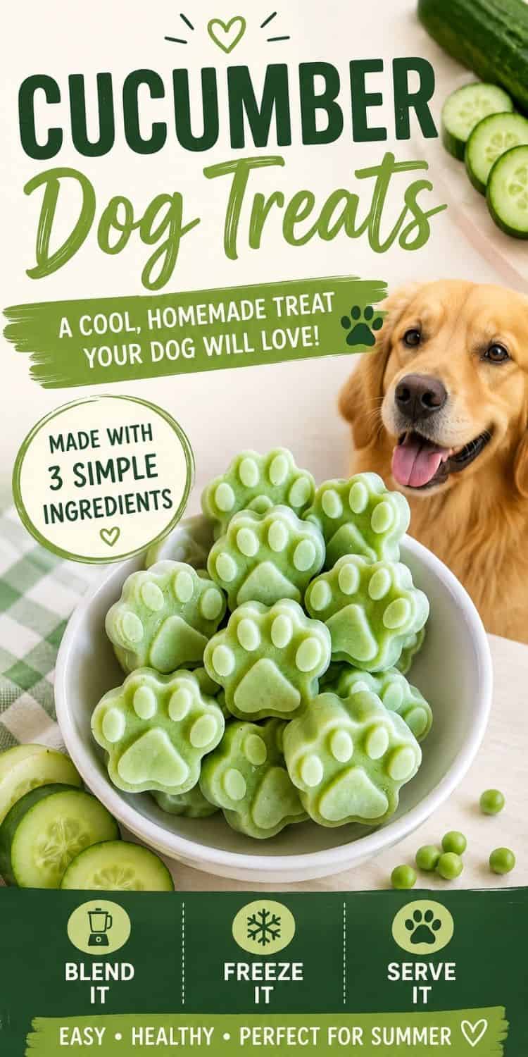 Paw-shaped green cucumber dog treats in a bowl beside cucumber slices, peas, and a golden retriever, with text reading “Cucumber Dog Treats.”