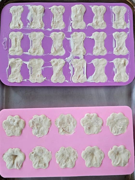 Bone and paw shaped silicone molds with frozen carrot treats in them.
