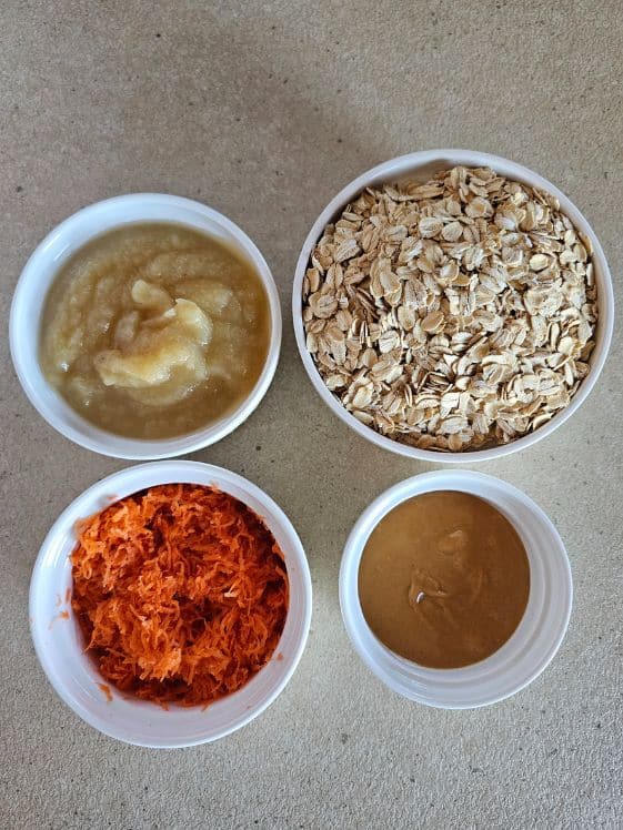 Applesauce, old fashioned oats, shredded carrots, and peanut butter in individual white bowls.