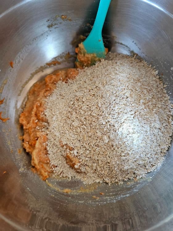 Ground oats added to wet ingredients.