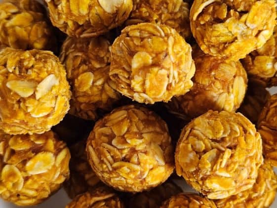 Close up of no bake carrot peanut butter dog treats.