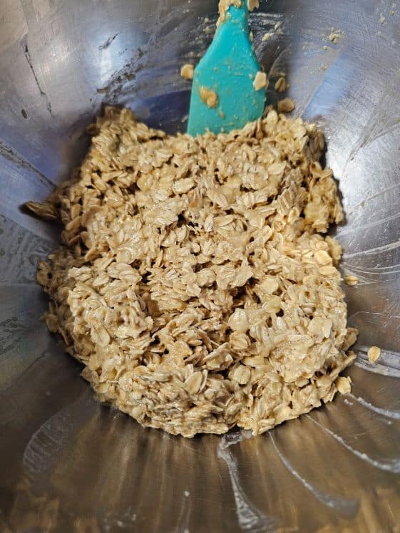 Oats mixed into wet ingredients.