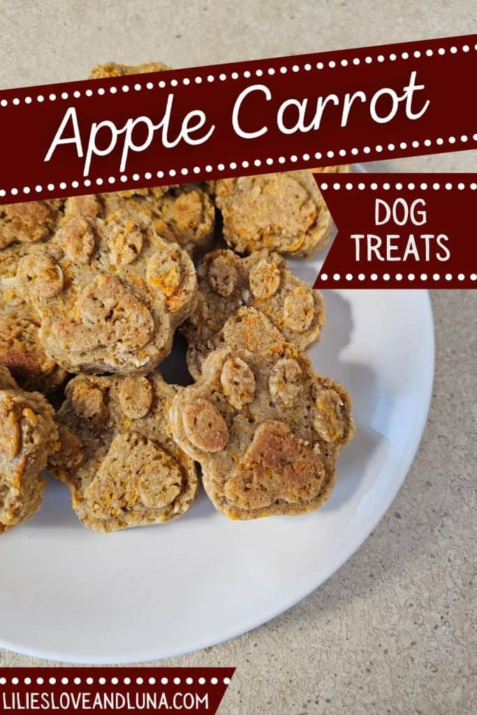 A plate of homemade apple carrot dog treats, shaped like paw prints, sits on a countertop. A text overlay reads apple carrot dog treats.
